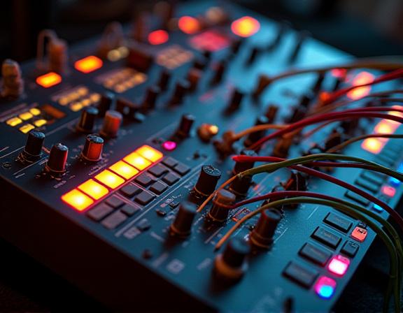 An analog synthesizer with many knobs and patch cables.